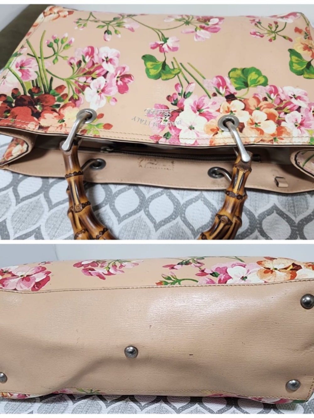 Authentic GUCCI Shangai Calfskin Blooms Print Medium Bamboo Shopper Tote Pink/Mu - Picture 7 of 14